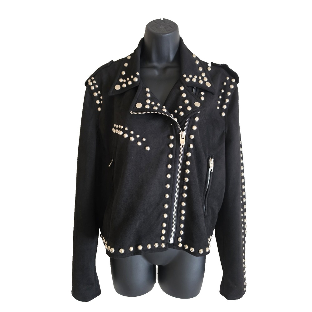 Buddy Love Black Studded Suede Moto Jacket – Women's Edgy Biker Style Size L - Picture 2 of 16